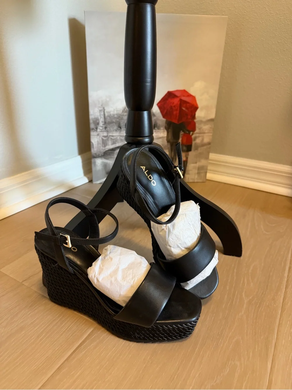ALDO Black Woven Wedge Sandals with Ankle Strap